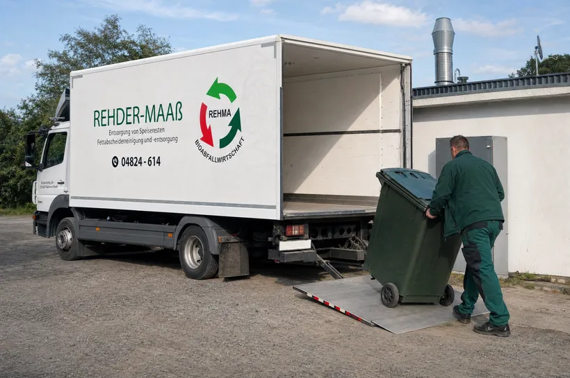 Mitarbeiter von Rehder-Maaß beim Tonnentausch am Fahrzeug
