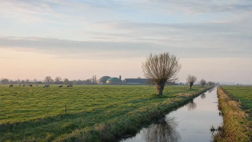 Marschlandschaft mit Weiden, Graben und einer Biogasanlage in der Ferne